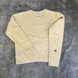 Champion Reverse Weave Crewneck Sweatshirt Cream Gold Small Embroidered Logo